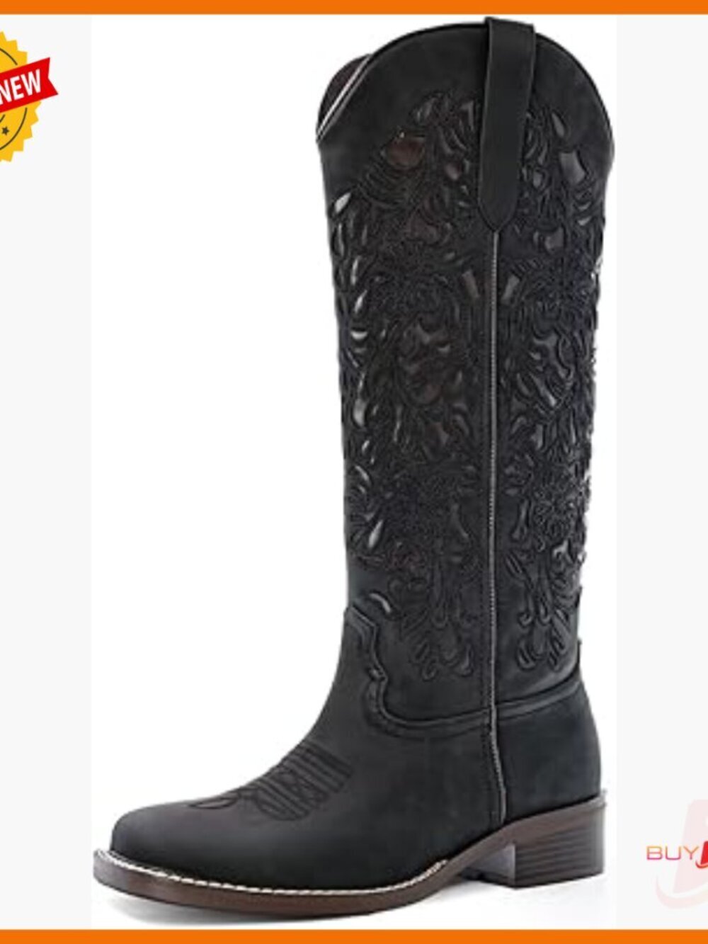 Women's Knee-High Western Boots with Floral Cut-Outs and Low Heel